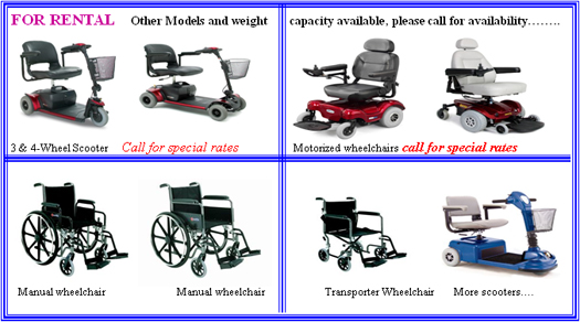 types of scooters and wheelchairs we rent. Our scooter & wheelchair rental fleet